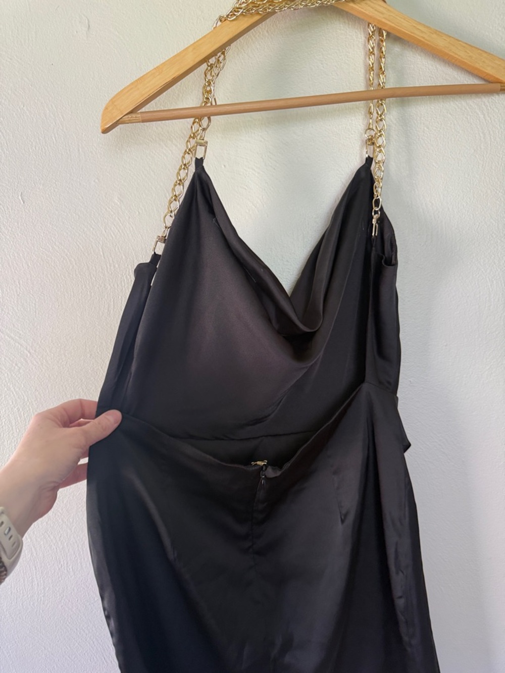 Black Backless Slip Dress with Gold Chain Straps - Picture 4 of 7